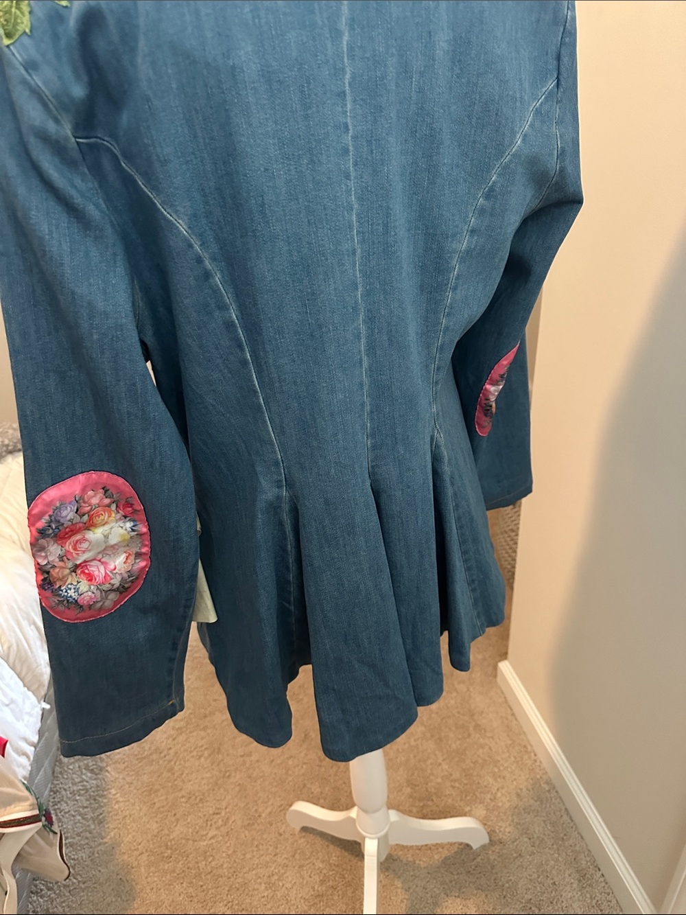 Embroidered Blue Denim Blazer Jacket with Pink Floral Detail - Picture 6 of 6